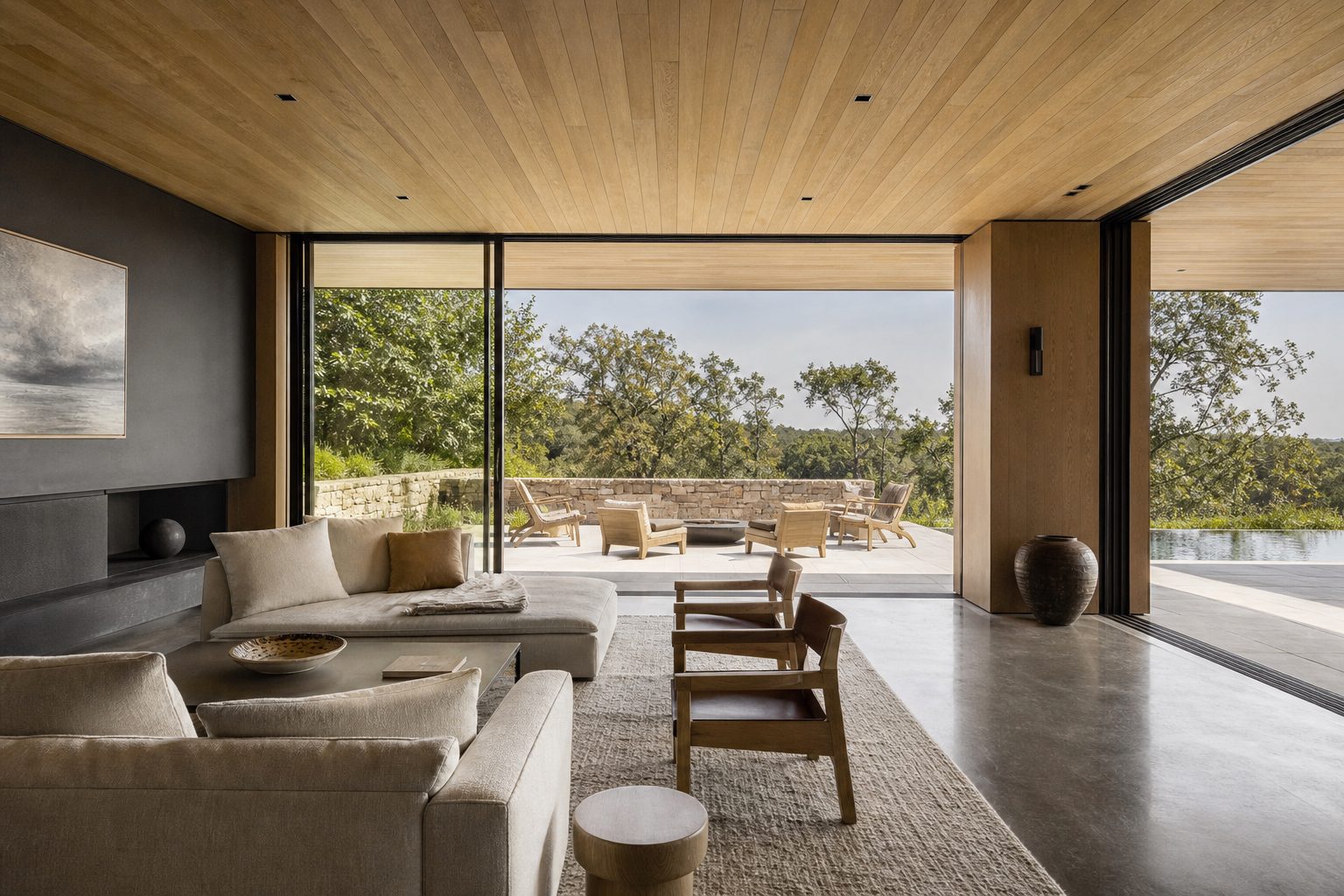 Concept rendering of a modern living room with wood ceiling and glass walls