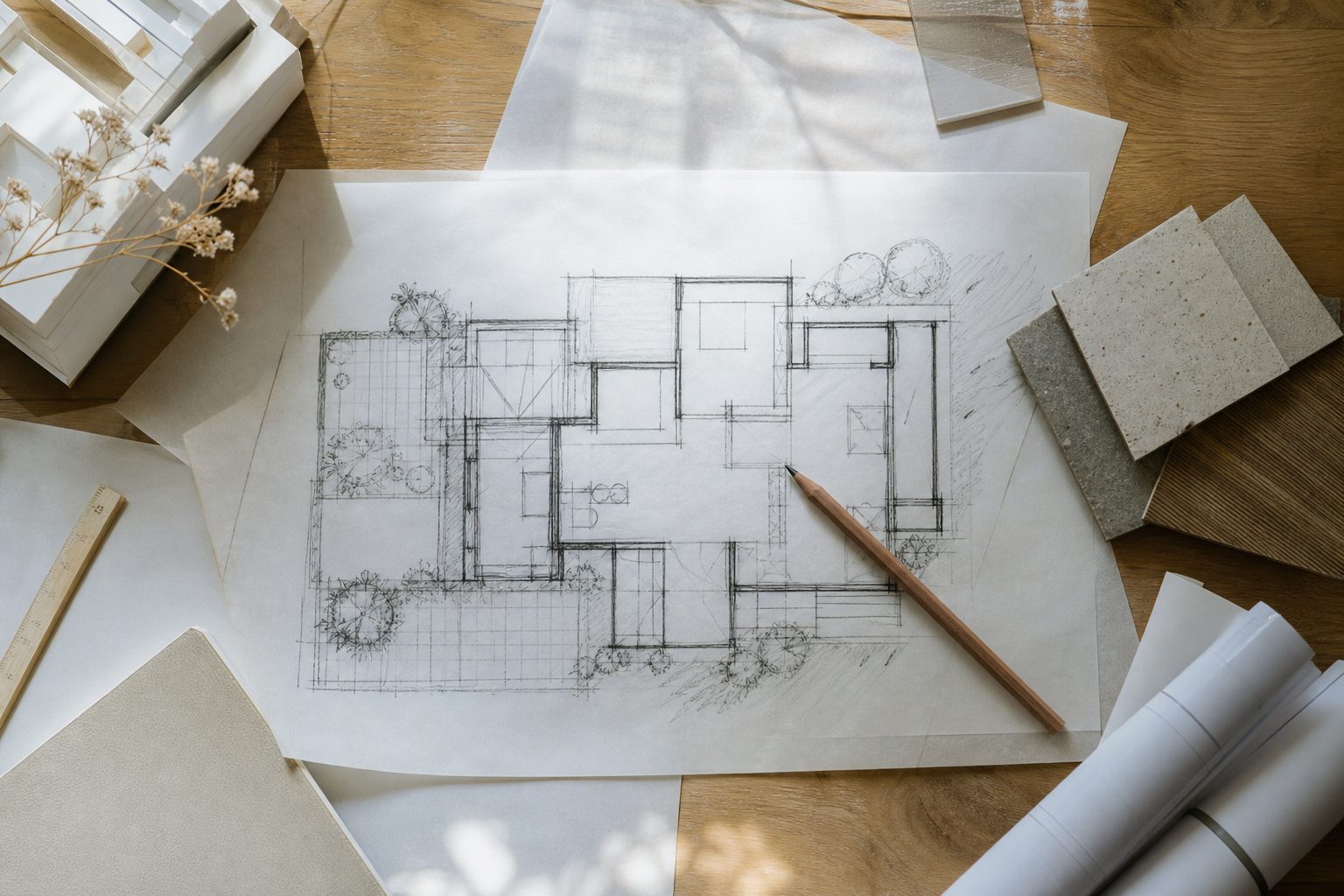 Concept photograph of a hand-drawn floor plan sketch and material samples on a desk