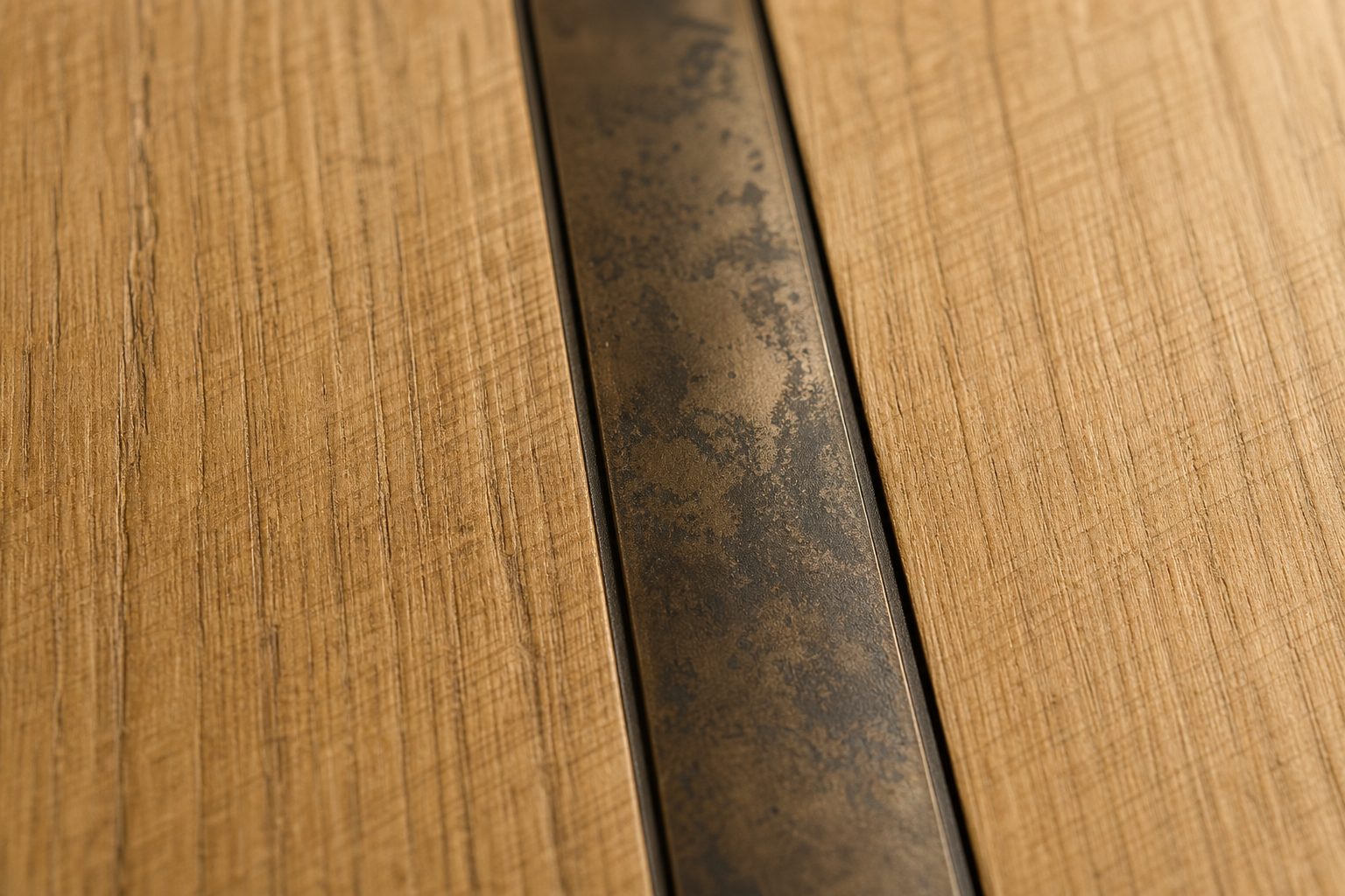 Aged bronze channel set into white oak