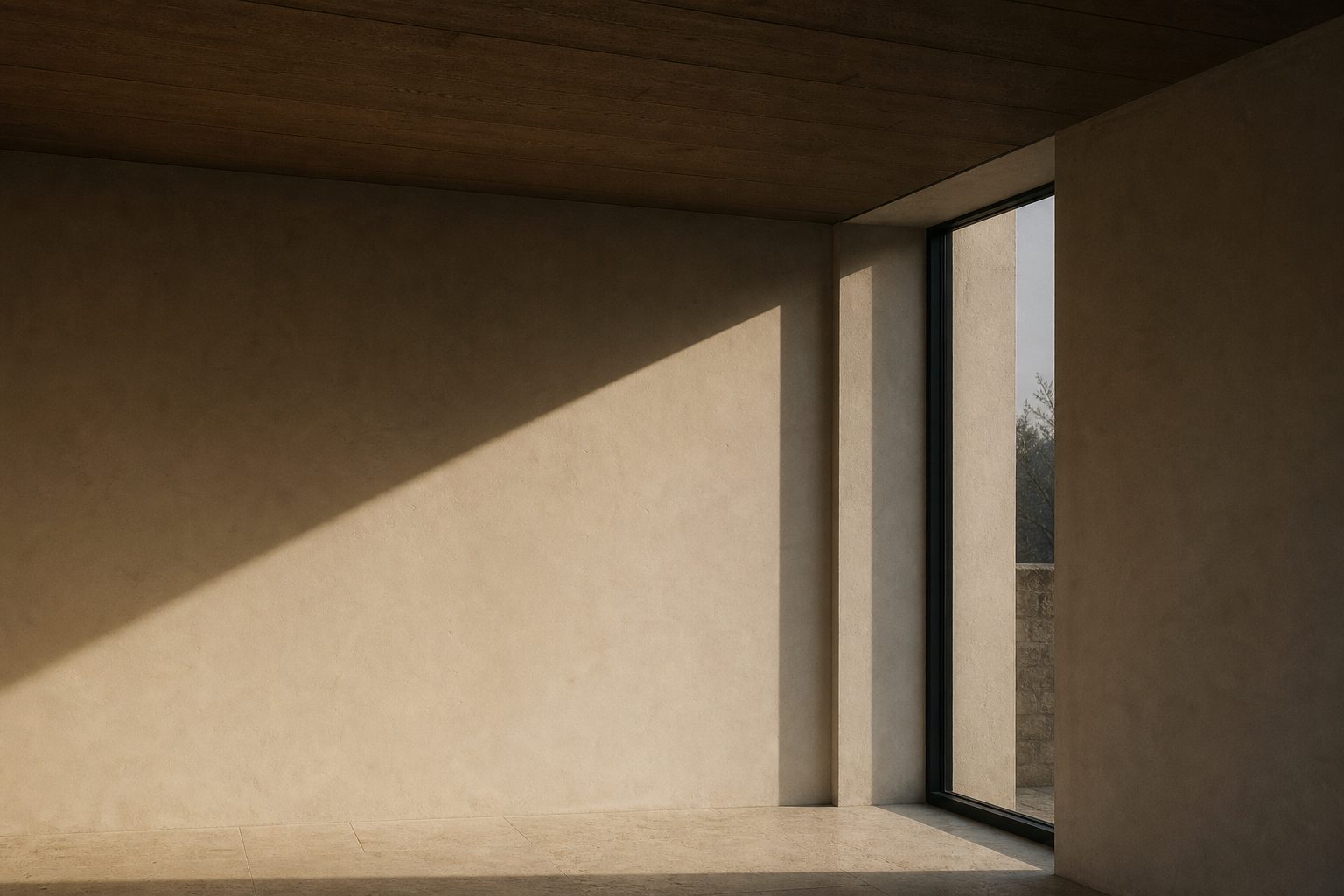 Morning light crossing a plaster wall beside a limestone reveal